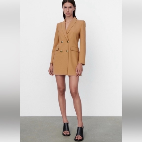 Zara Double Breasted Blazer Longline Classic Fully Lined Camel Tan Size Small - Picture 1 of 15